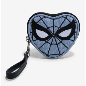 NEW! Loungefly Marvel Spider-Man Mask Denim Heart Shaped Coin Purse Wristlet‎